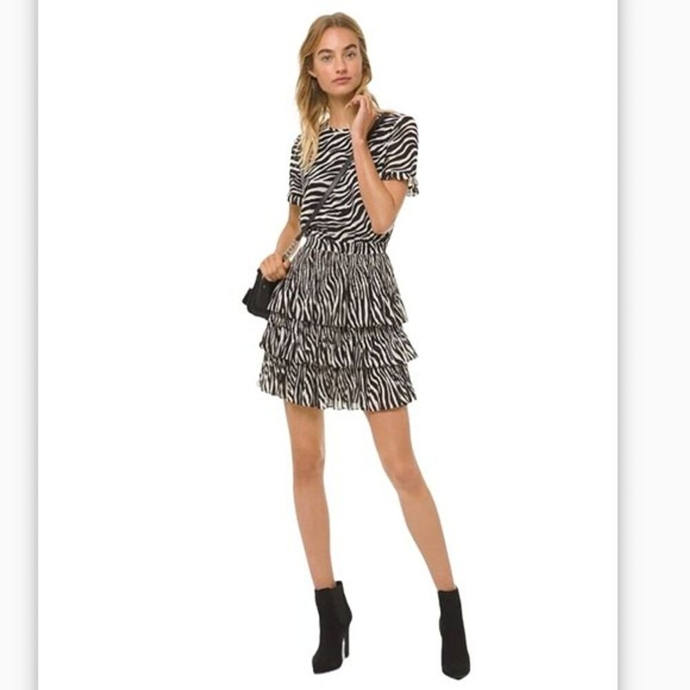 Michael Kors Tiger-Print Georgette Tiered Flutter Crinkle Summer Party Dress